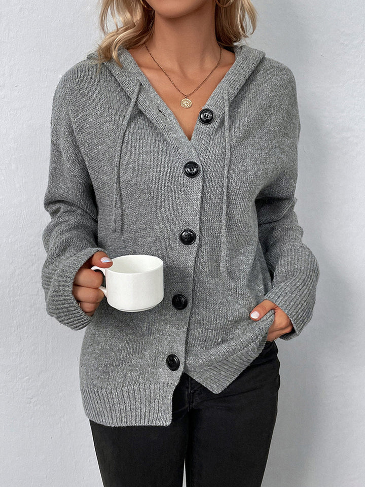 Button Drawstring Hooded Cardigan - women's cardigan, detail close-up