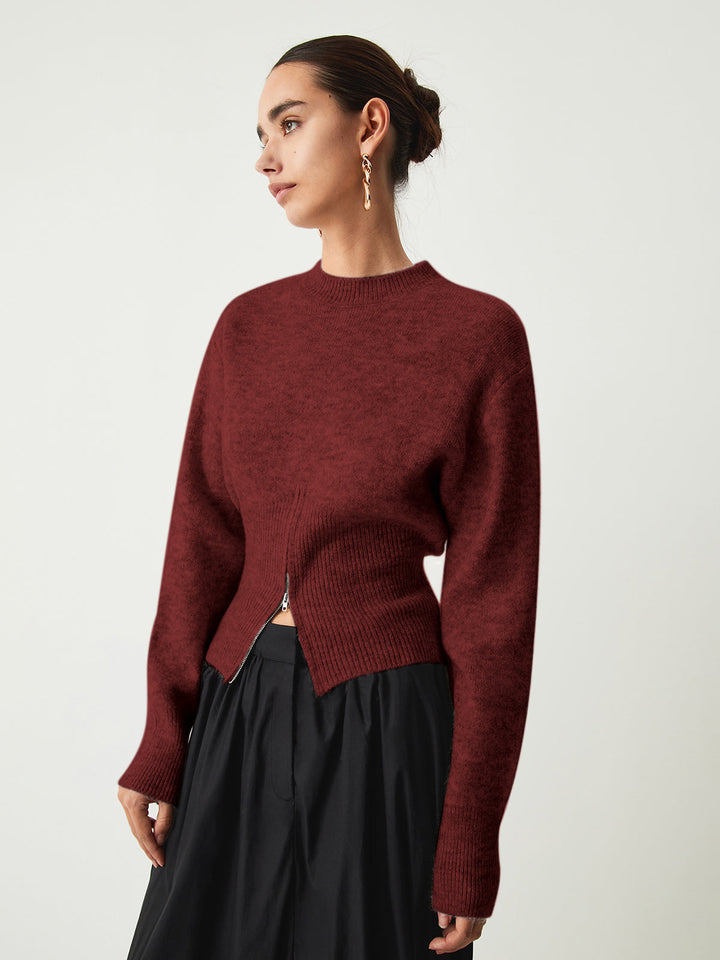 Half Zip Fuzzy Sweater - women's sweater, model wearing it, three-quarter view