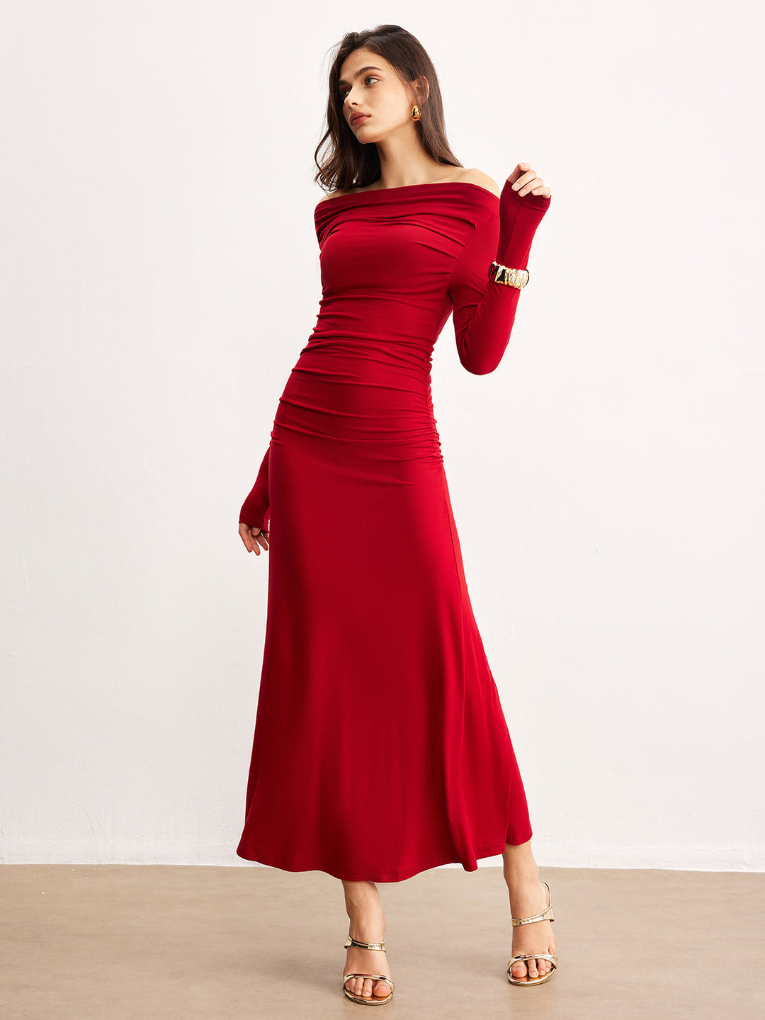 Off-Shoulder Ruffle Knit Dress — women's knit dresses, front view