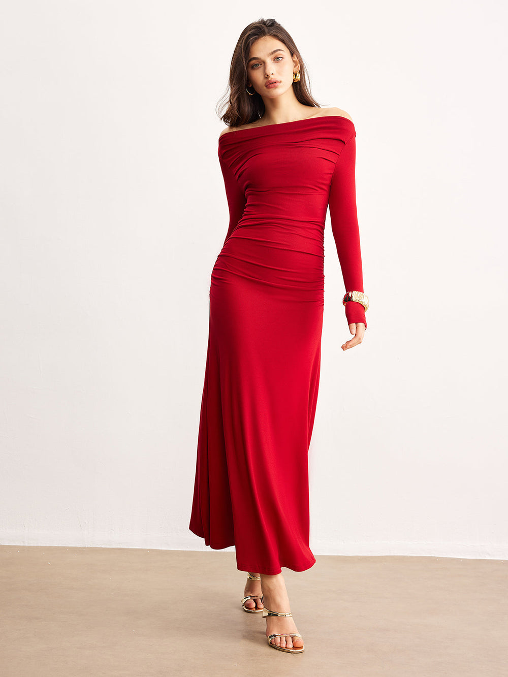 Off-Shoulder Ruffle Knit Dress — women's knit dresses, back view