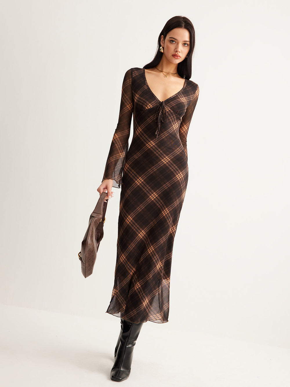 Semi-Sheer Checked Bell-Sleeve Mesh Dress — women's floral dresses, back view
