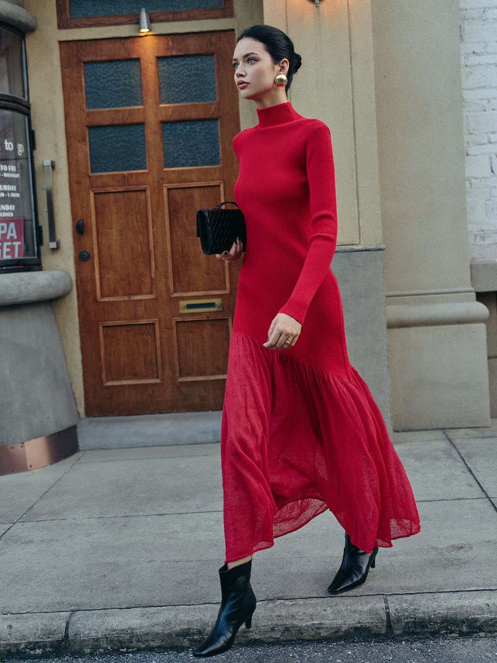 Mock Neck  Pleated Panel Sweater Dress — women's sweater dresses, back view