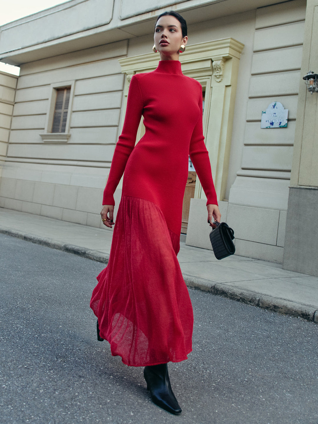 Mock Neck  Pleated Panel Sweater Dress — women's sweater dresses, front view