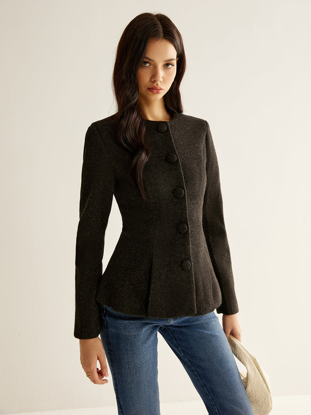 Pleated Button Slim Blazer Without Belt — women's blazers, back view
