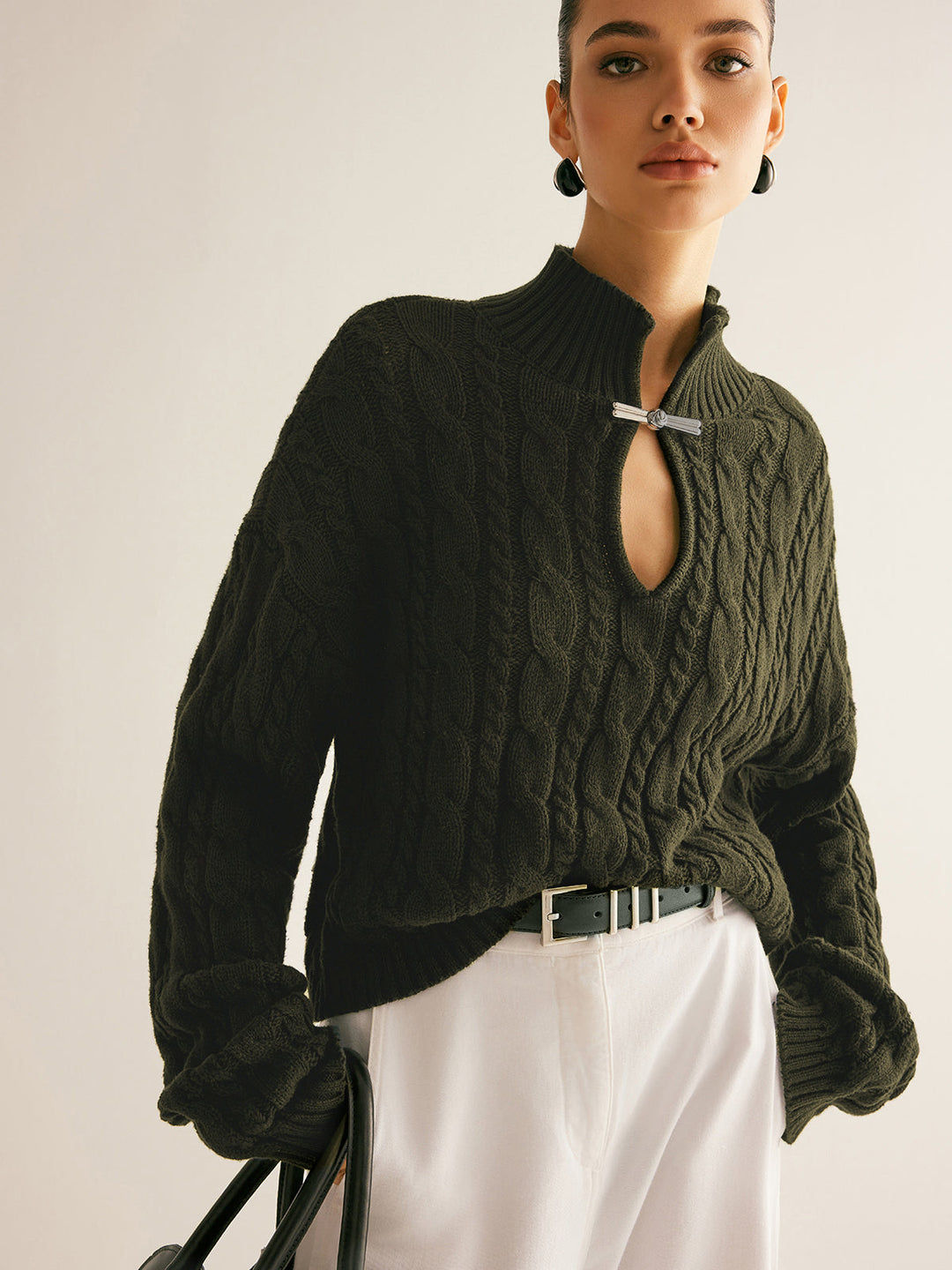 Cotton Keyhole Neckline Knit Top - women's knit top, front view