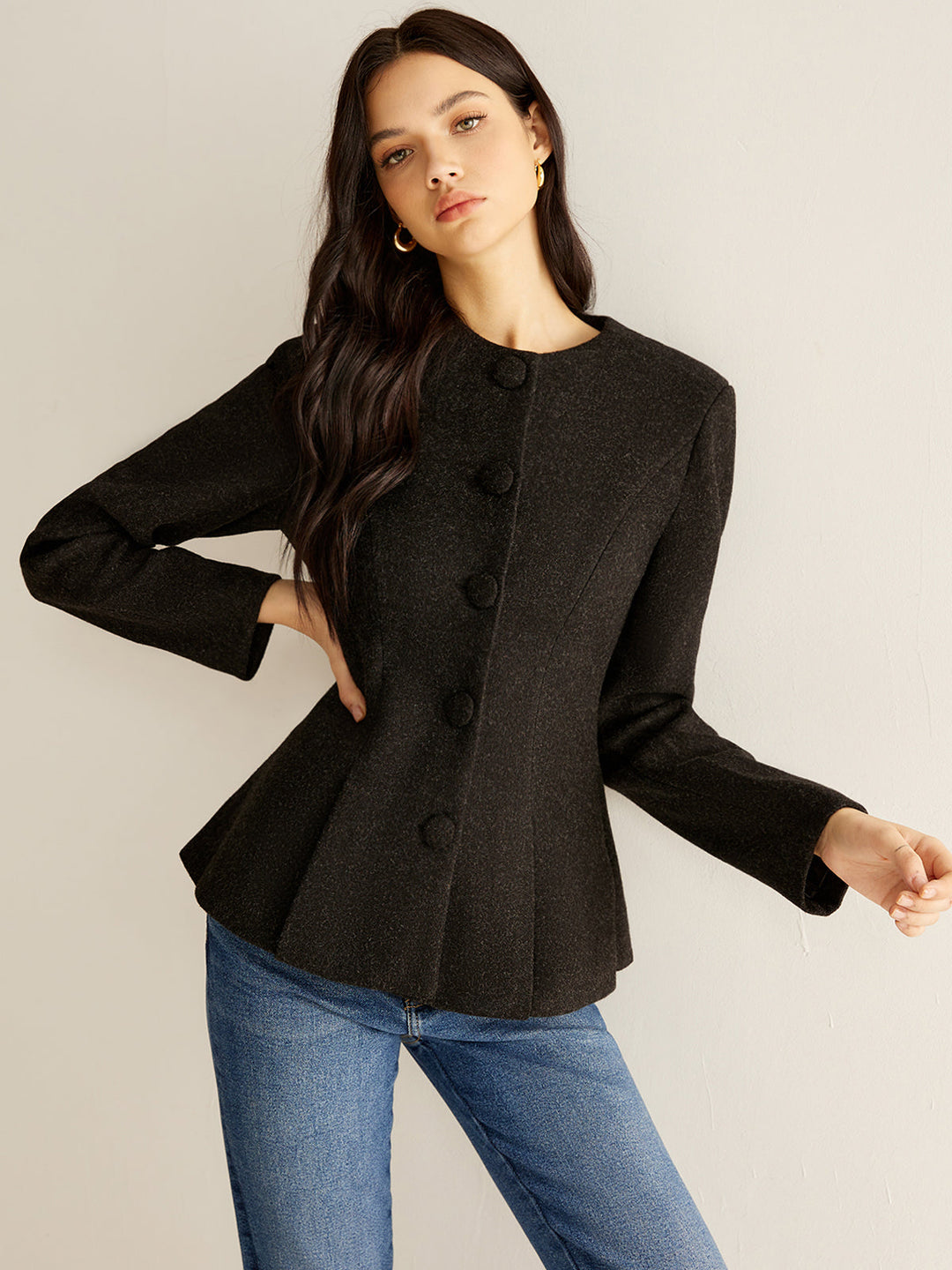 Pleated Button Slim Blazer Without Belt — women's blazers, front view