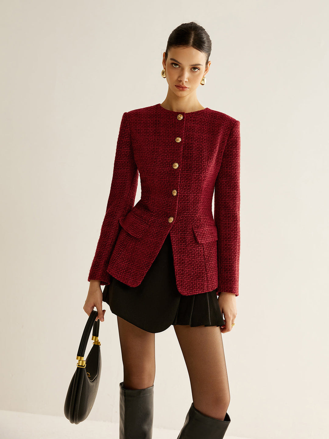 Button Down Slit Tweed Blazer — women's blazers, front view