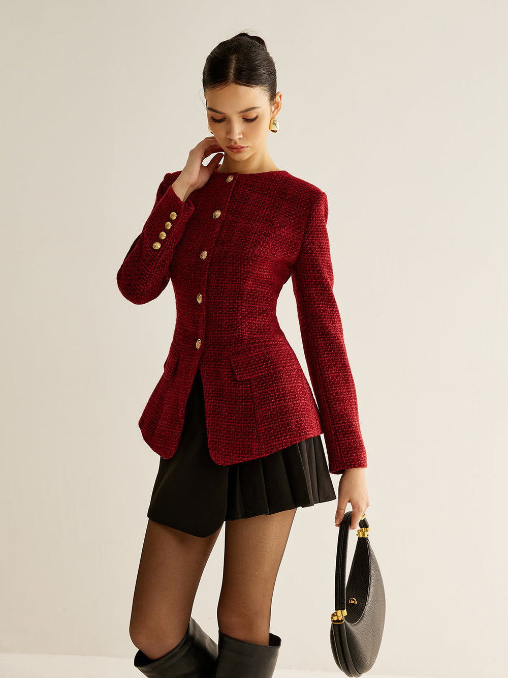 Button Down Slit Tweed Blazer — women's blazers, back view