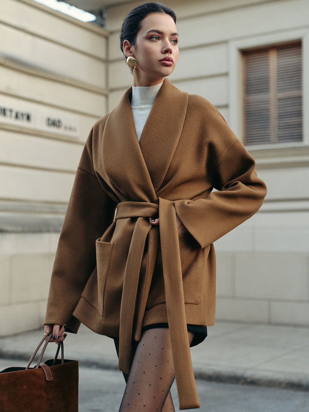 Utility Belted Tweed Coat — women's wool coats, back view