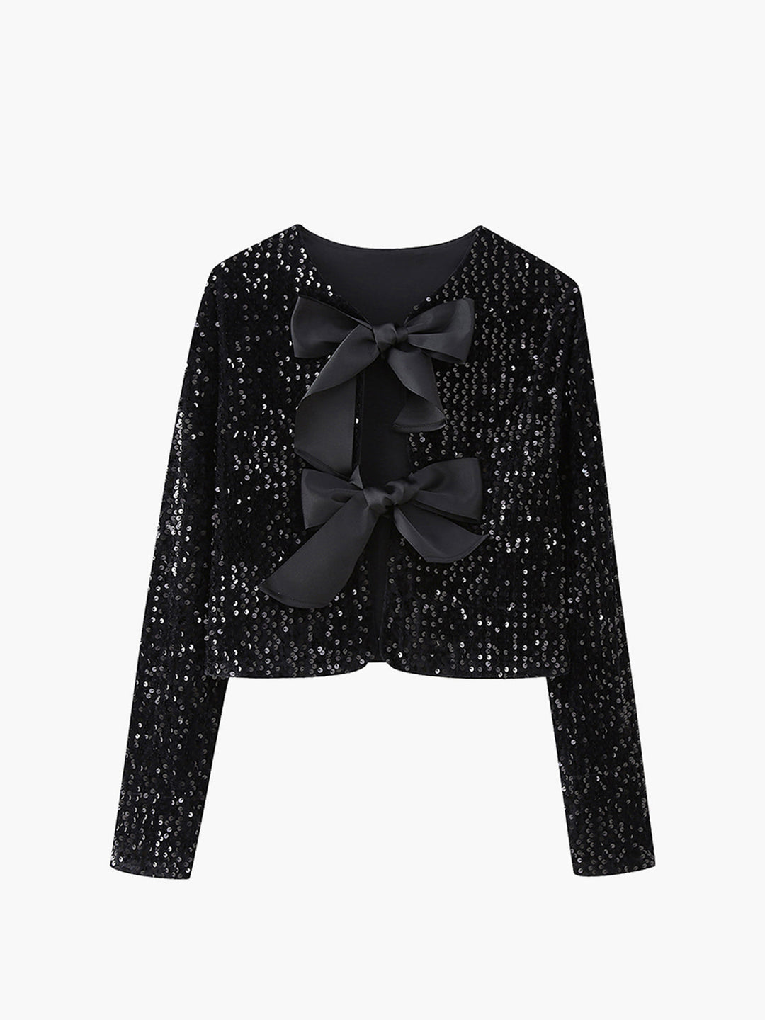 Black sequin variant of the bowknot jacket with glossy black satin bows