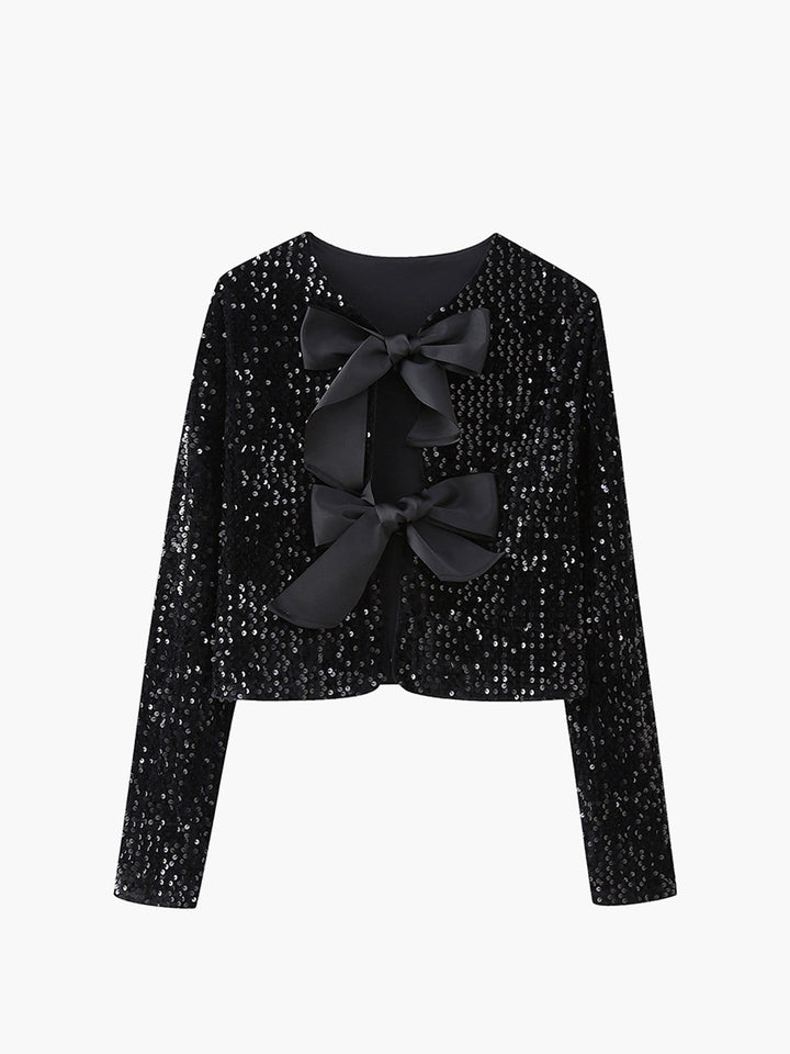 Black sequin variant of the bowknot jacket with glossy black satin bows