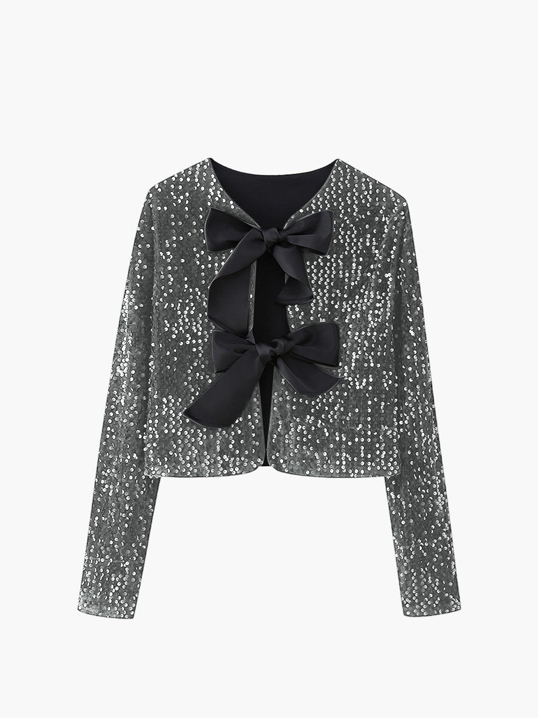 Silver grey sequin jacket with black satin bows and round neck, flat product view