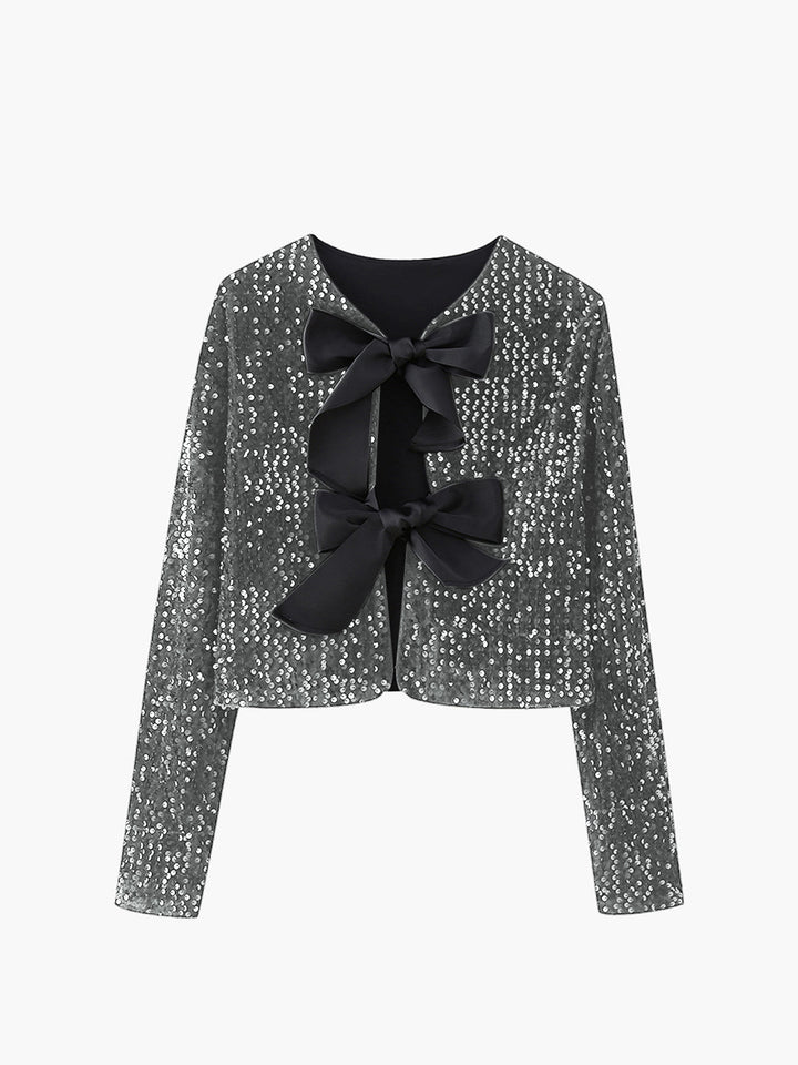 Silver grey sequin jacket with black satin bows and round neck, flat product view
