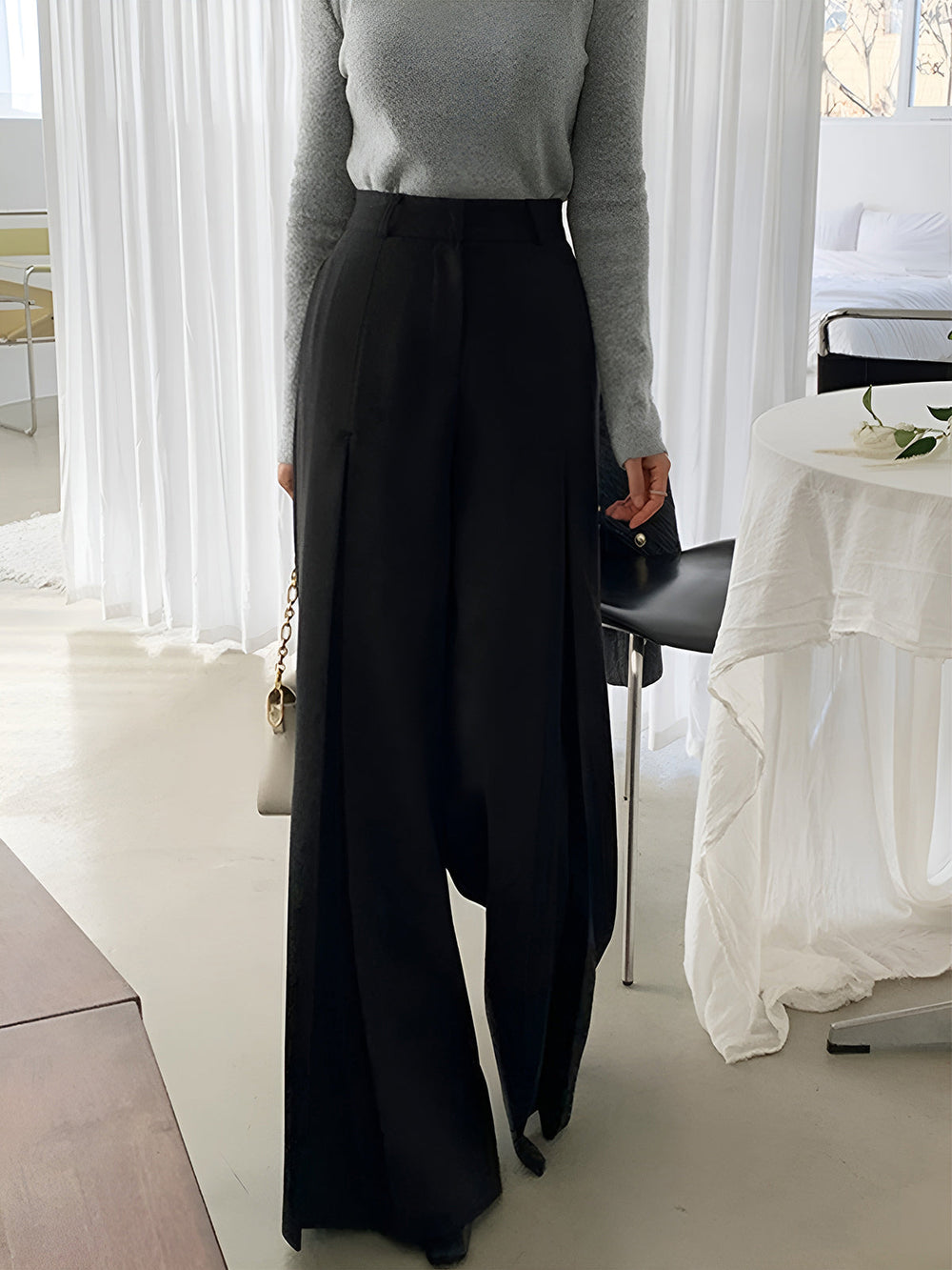 High-Waist Pleated Wide-Leg Pants — women's pants, back view