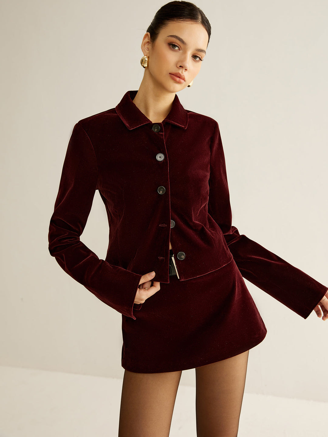Velvet Lapel Short Blazer — women's blazers, front view