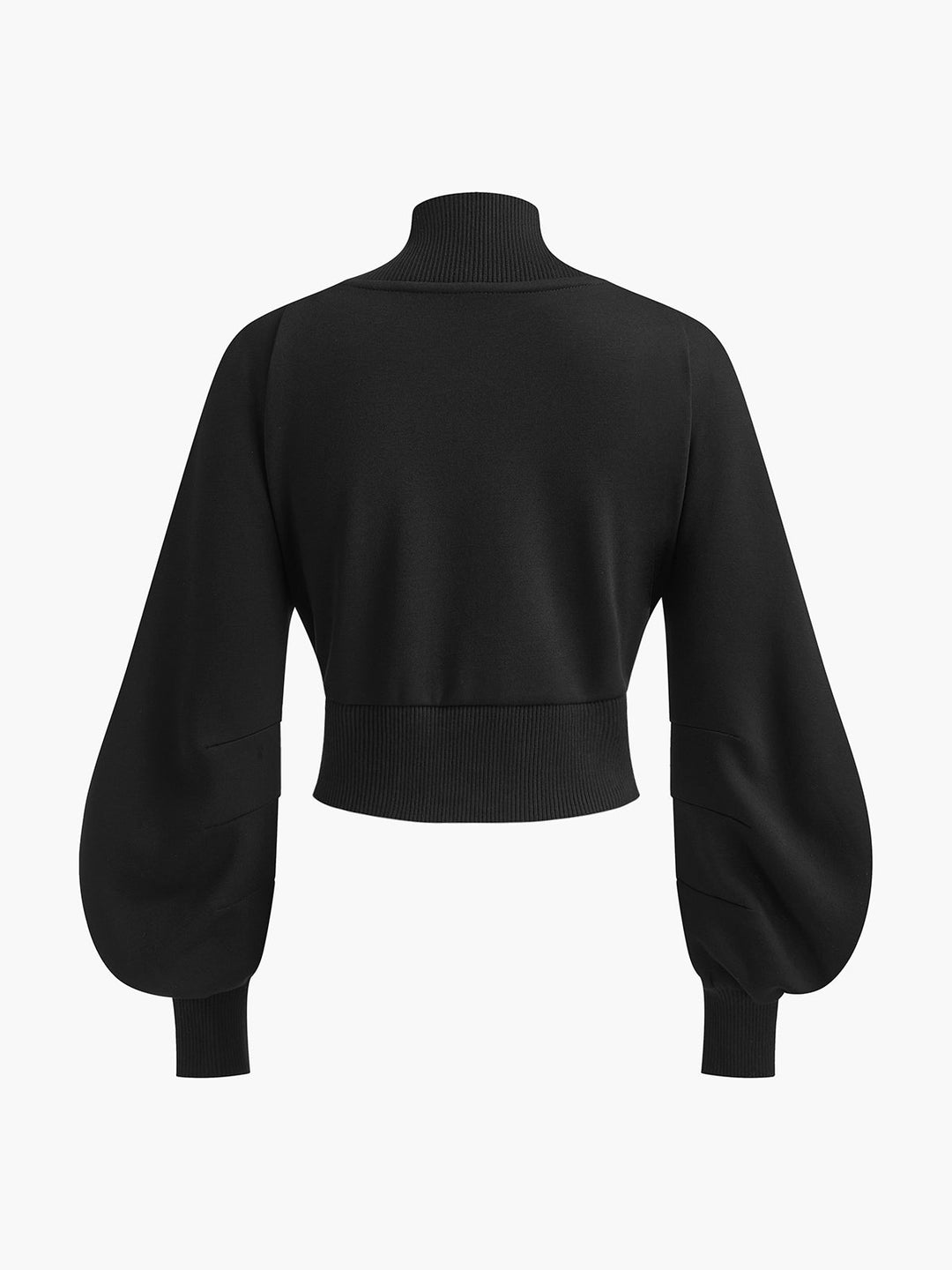 Back view of black cropped bomber jacket with balloon puff sleeves and ribbed hem