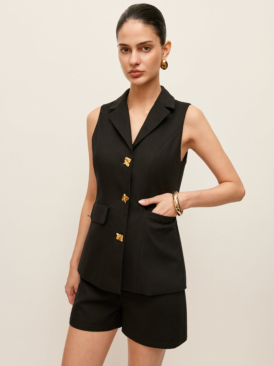 Cotton & Linen Button Detail Pockets Vest
