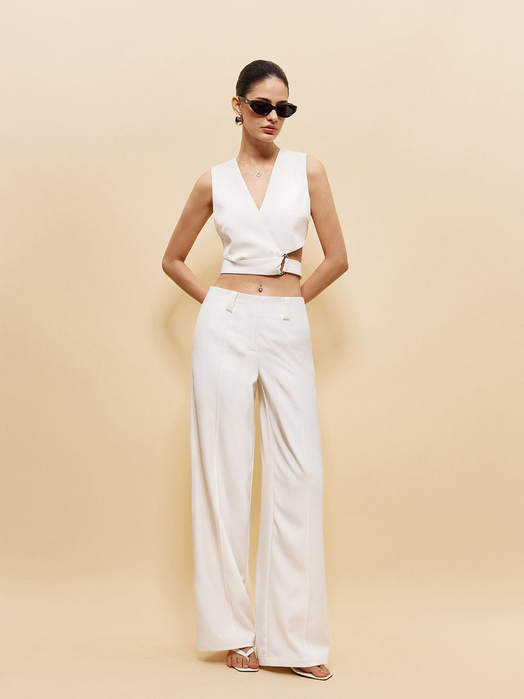 Full-length ivory co-ord: ring detail crop top with high-waisted wide-leg trousers