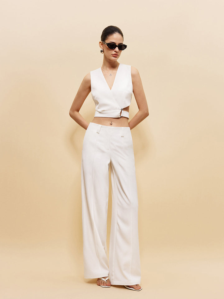 Full-length ivory co-ord: ring detail crop top with high-waisted wide-leg trousers