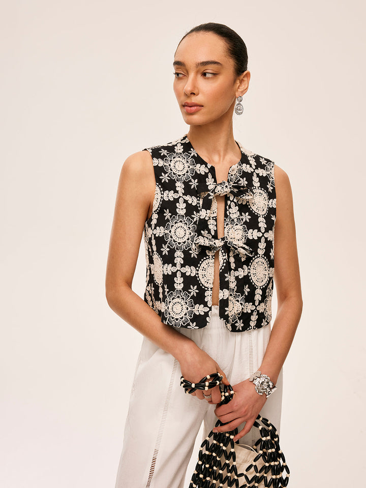 Embroidered Cotton Tie-Front Vest
