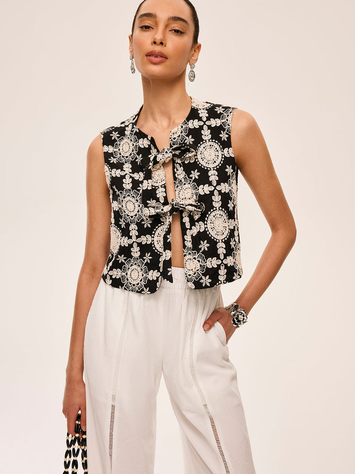 Embroidered Cotton Tie-Front Vest