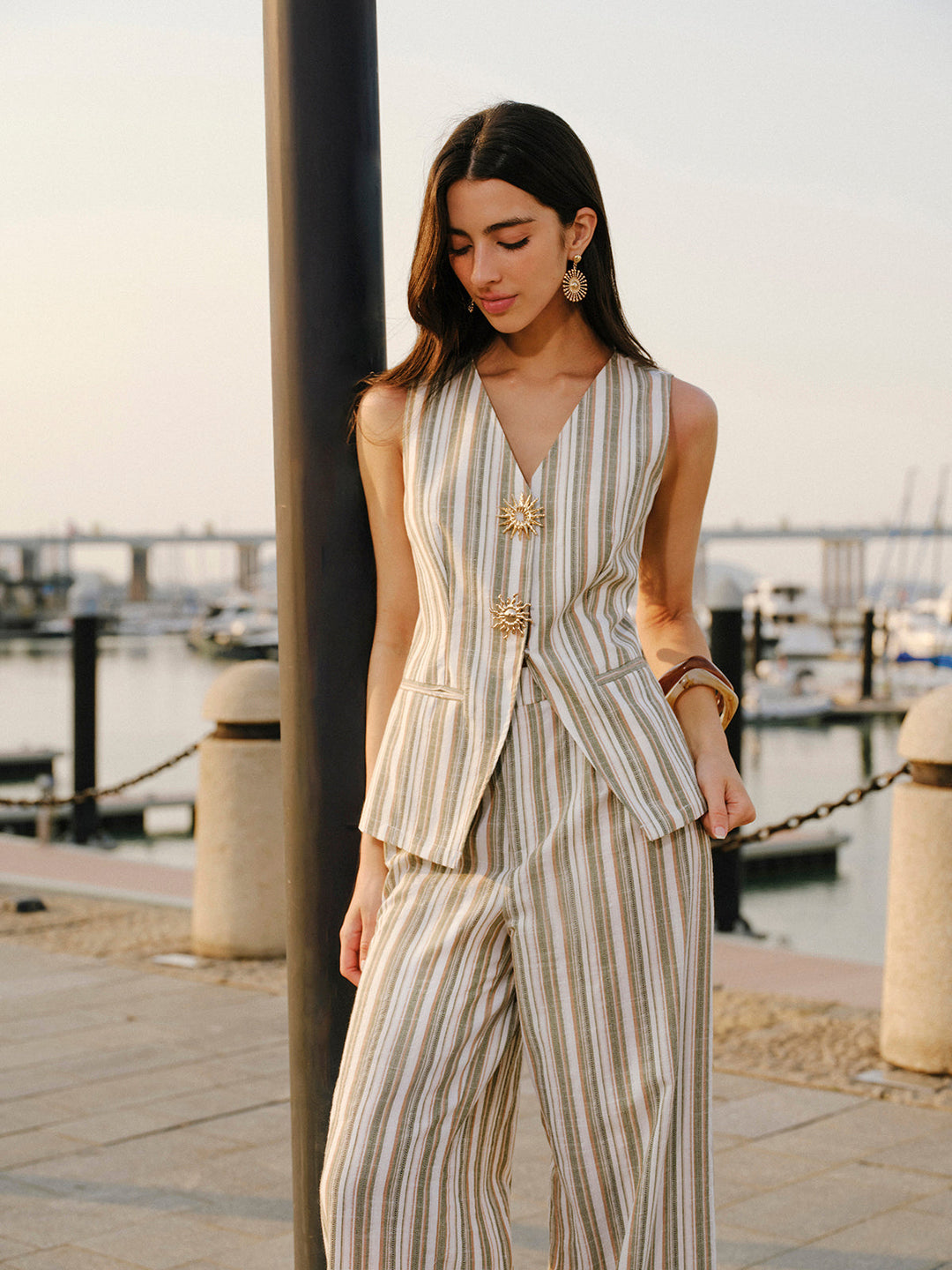 Linen & Cotton Metal Detail V- Neck Striped Vest — women's vests, front view