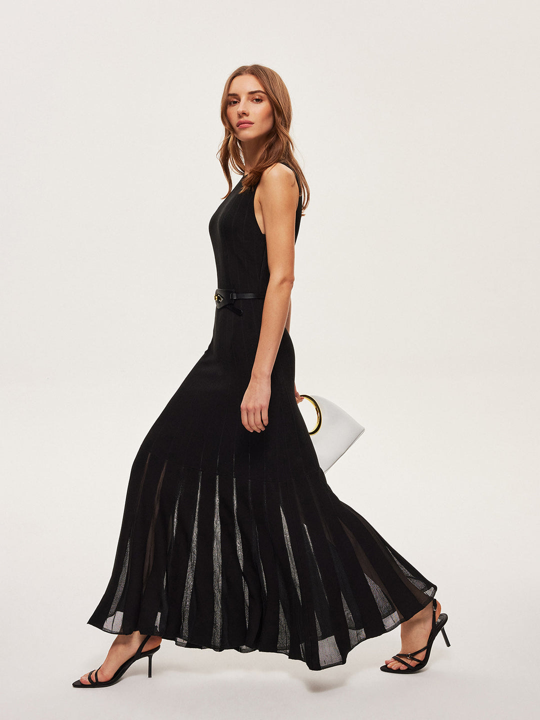 Semi-Sheer Mesh Flared Dress Without Belt — women's sweater dresses, front view