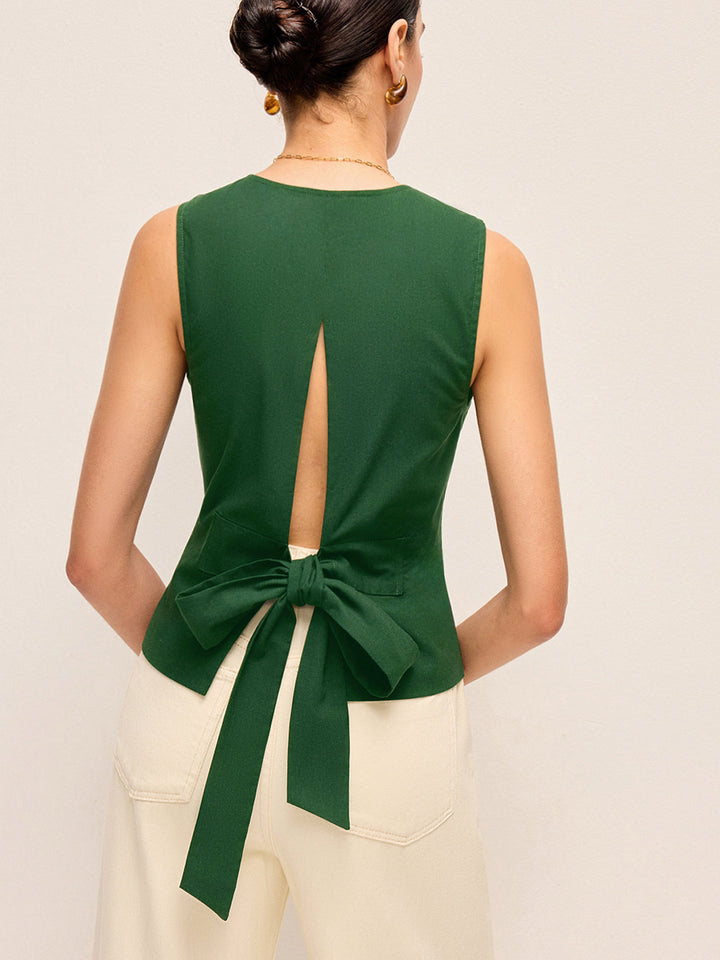 Cotton & Linen Asymmetric Button Vest With Back Bow