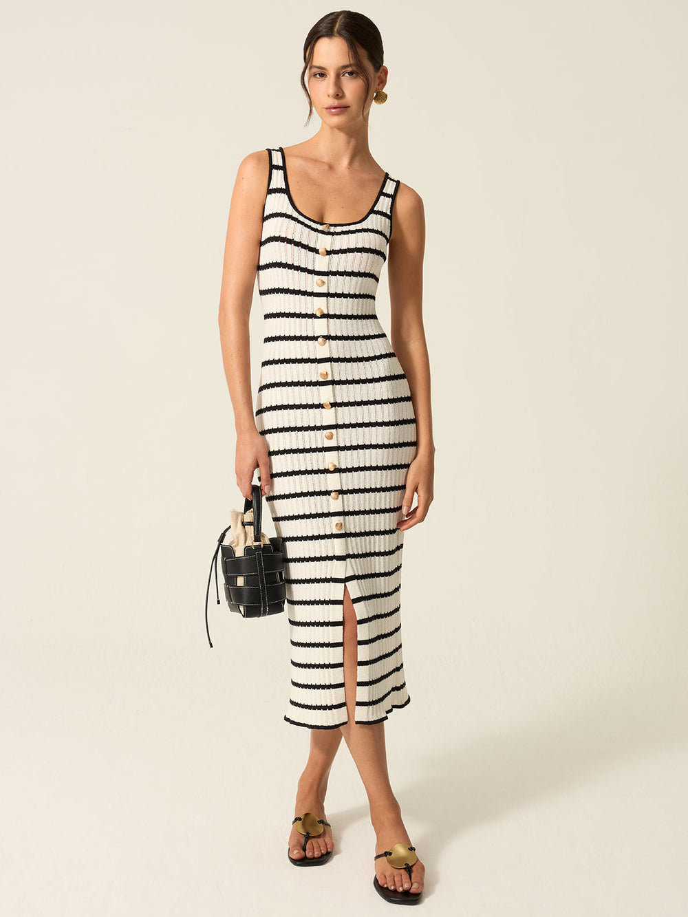 Striped Knit Midi Dress with Front Buttons and Slit Detail — women's sweater dresses, back view