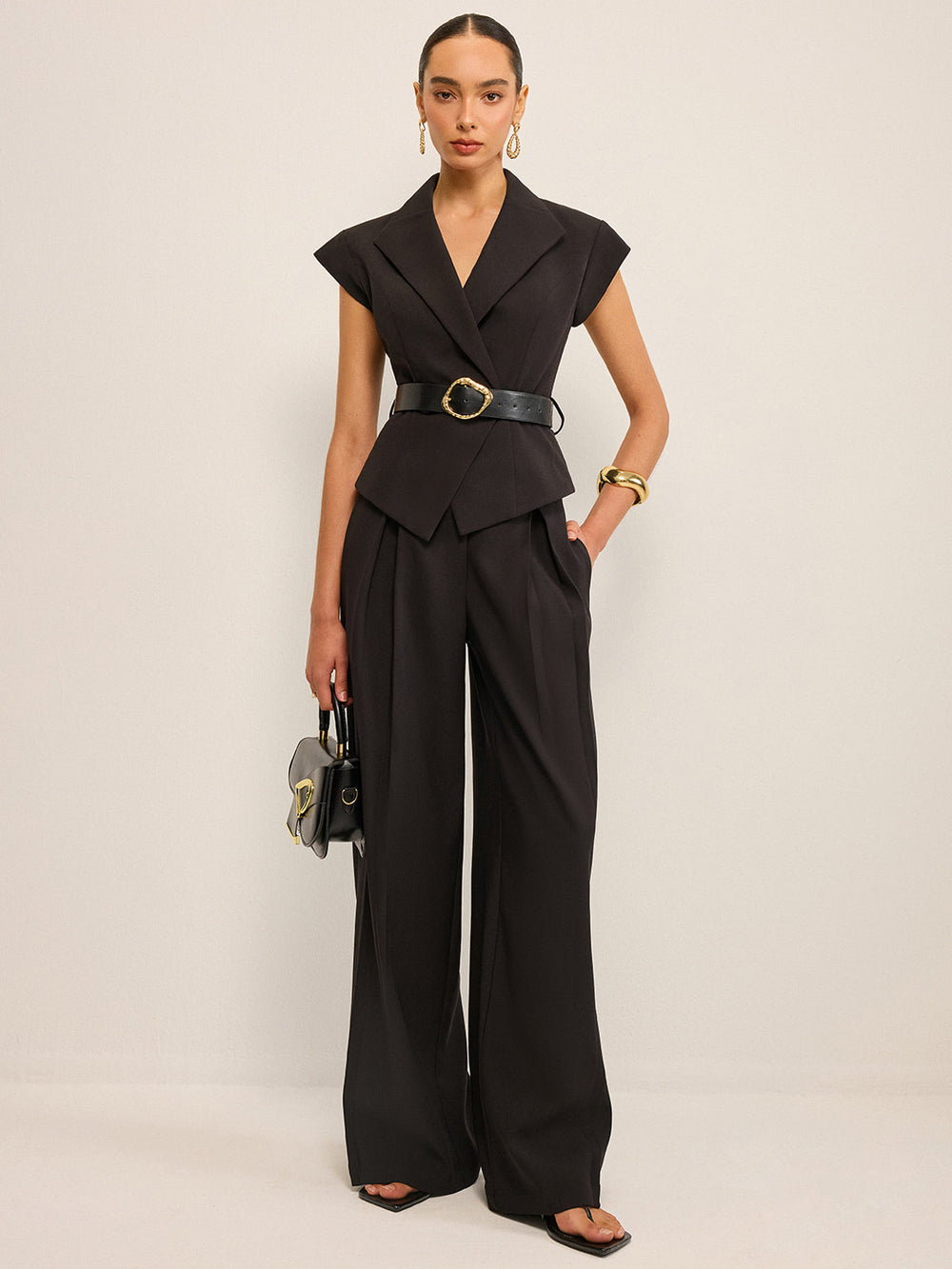 Belted Peplum Vest with Metal Buckle Detail — women's vests, back view