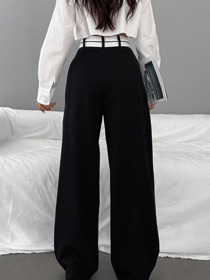 Asymmetrical Contrast Waistband Wide Leg Dress Pants - women's trousers, side view