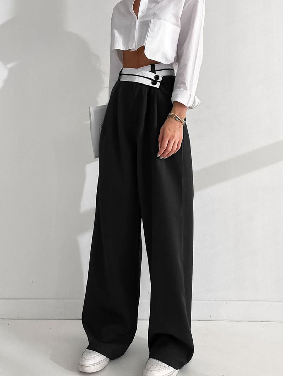 Asymmetrical Contrast Waistband Wide Leg Dress Pants - women's trousers, detail close-up
