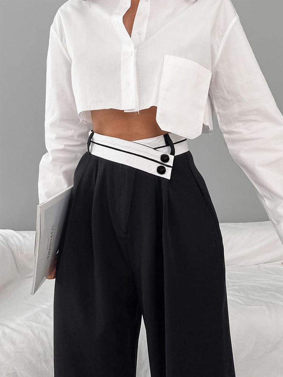 Asymmetrical Contrast Waistband Wide Leg Dress Pants - women's trousers, back view