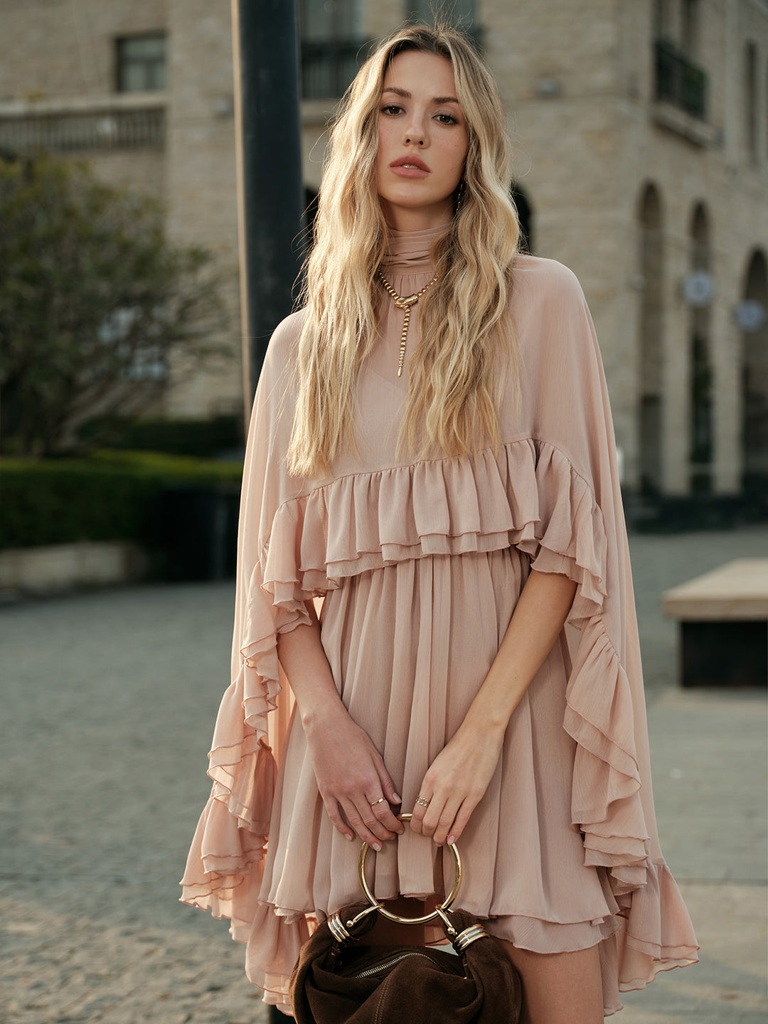 Semi-Sheer Chiffon Ruffle Dress With Outer Cape — women's dresses, front view