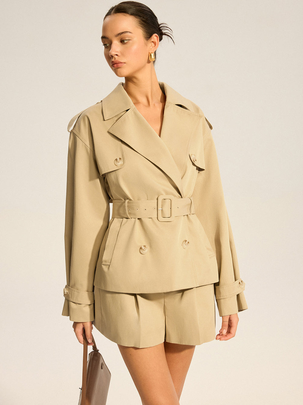 Cotton Blend Belted Double-Breasted Trench Coat — women's trench coats, back view