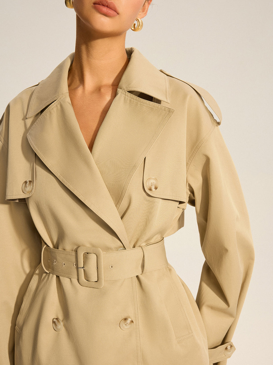 Cotton Blend Belted Double-Breasted Trench Coat