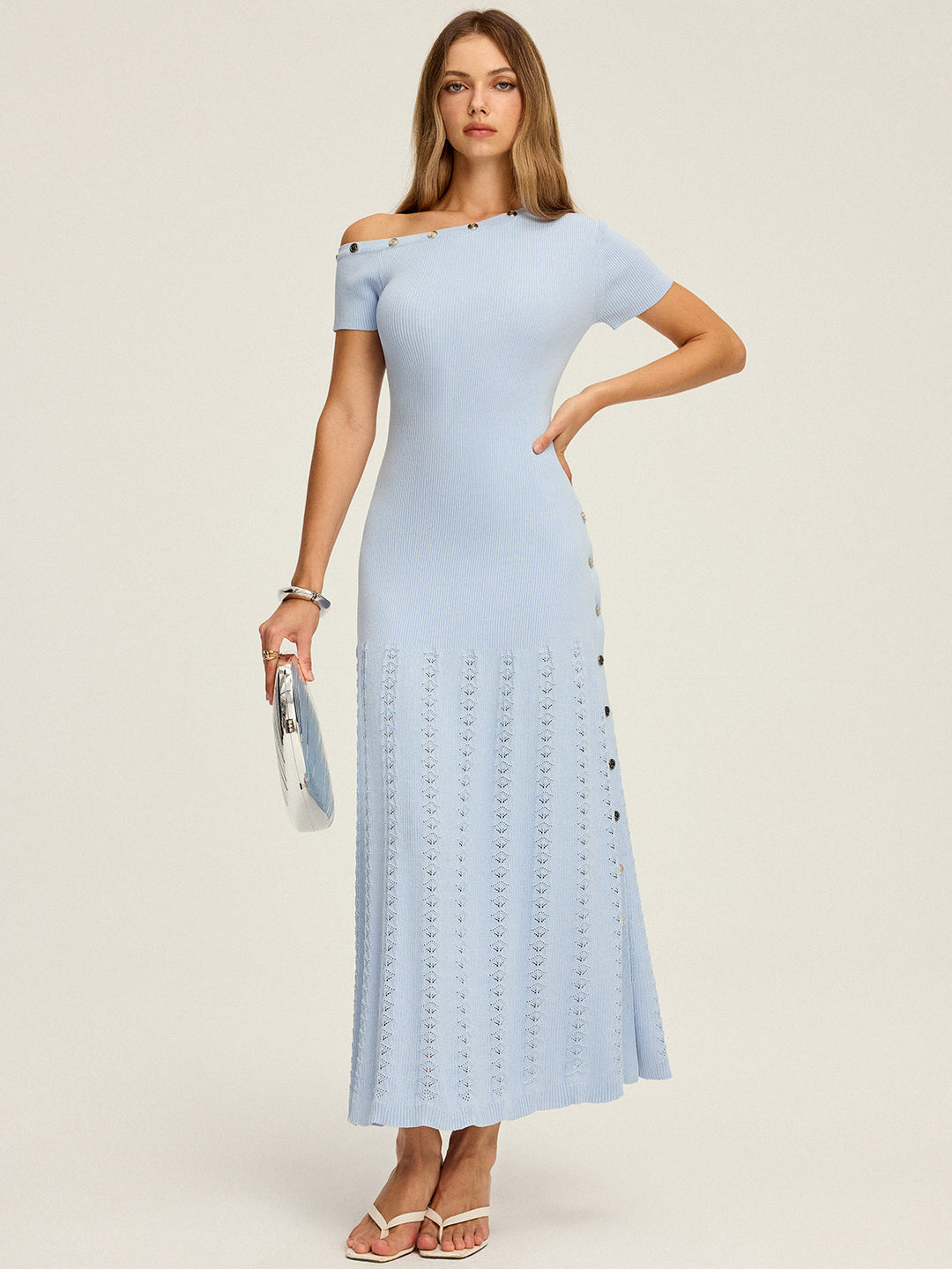 One-Shoulder Button Detail Knit Maxi Dress — women's sweater dresses, front view