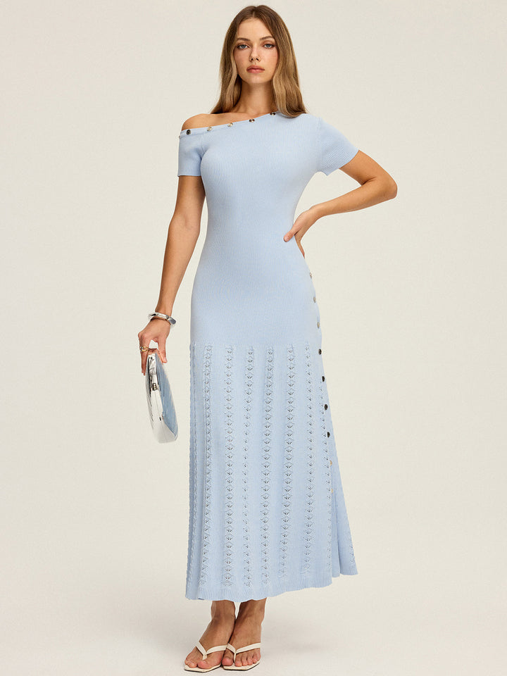 One-Shoulder Button Detail Knit Maxi Dress