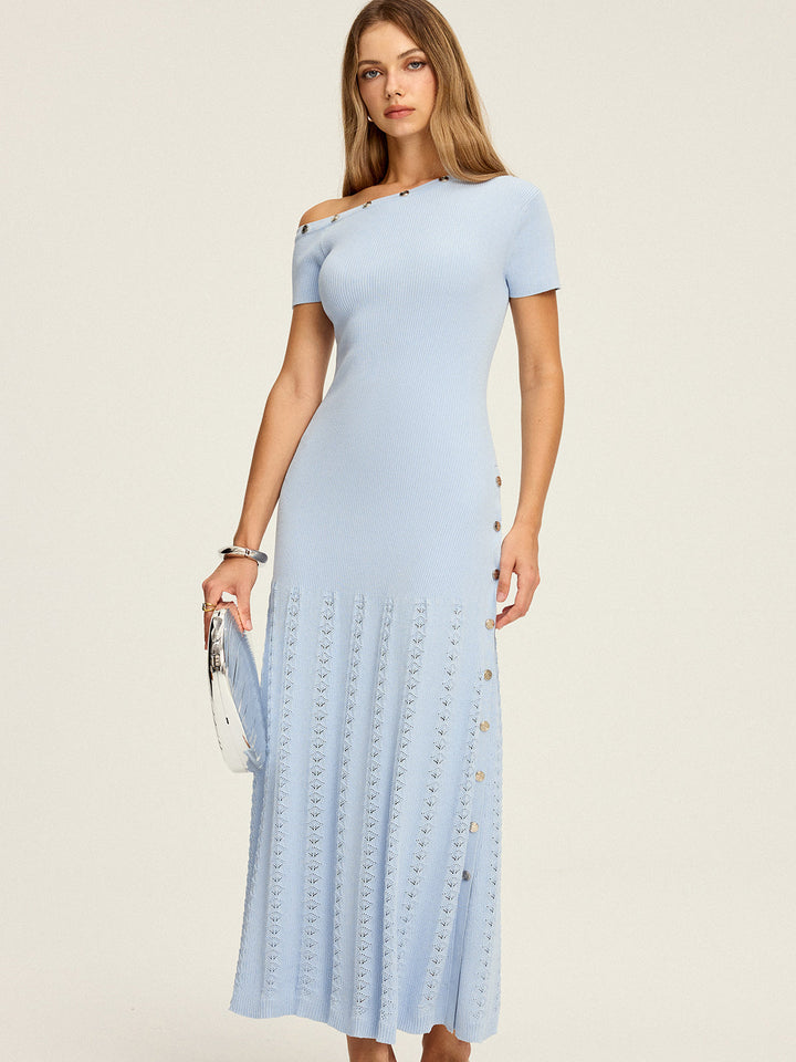 One-Shoulder Button Detail Knit Maxi Dress
