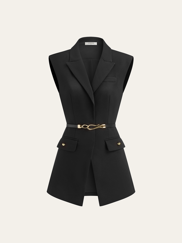 Black longline sleeveless blazer vest with notch lapels, gold knot buckle belt and split hem, front view