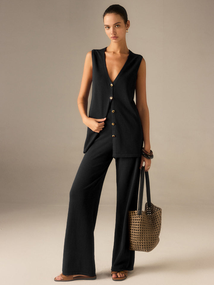 Golden Button Knit Vest Pants Set - women's two-piece trouser set, styled with heels