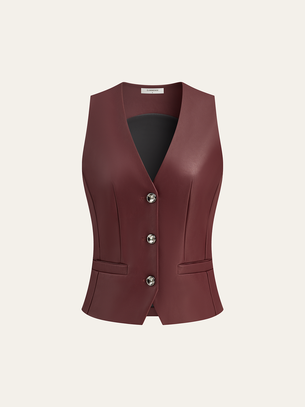 Burgundy faux leather V-neck vest front view with welt pockets and split hem