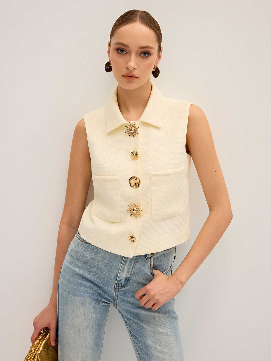 Irregular Metal Button Sleeveless Vest — women's vests, front view