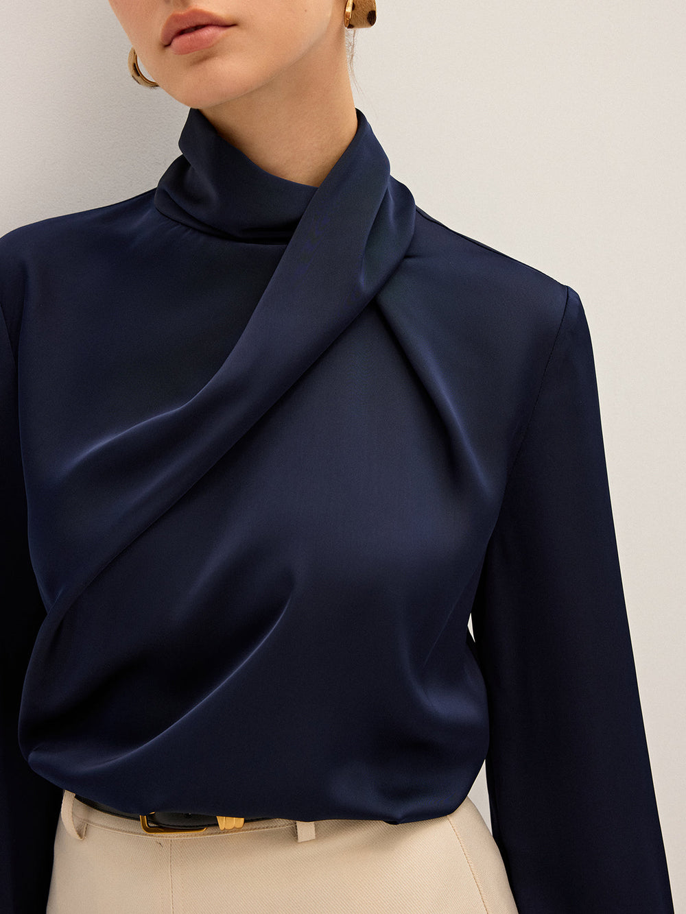 Satin Draped High Neck Blouse — women's blouses, back view