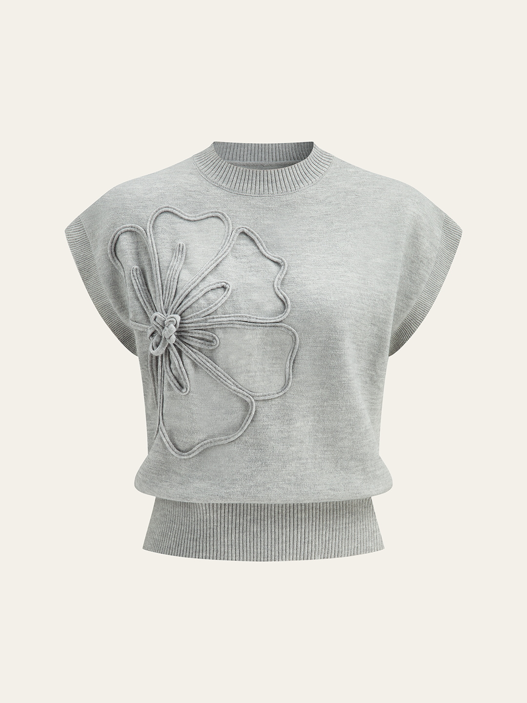 Flower Applique Cap Sleeve Knit Top — women's sweater vests, front view