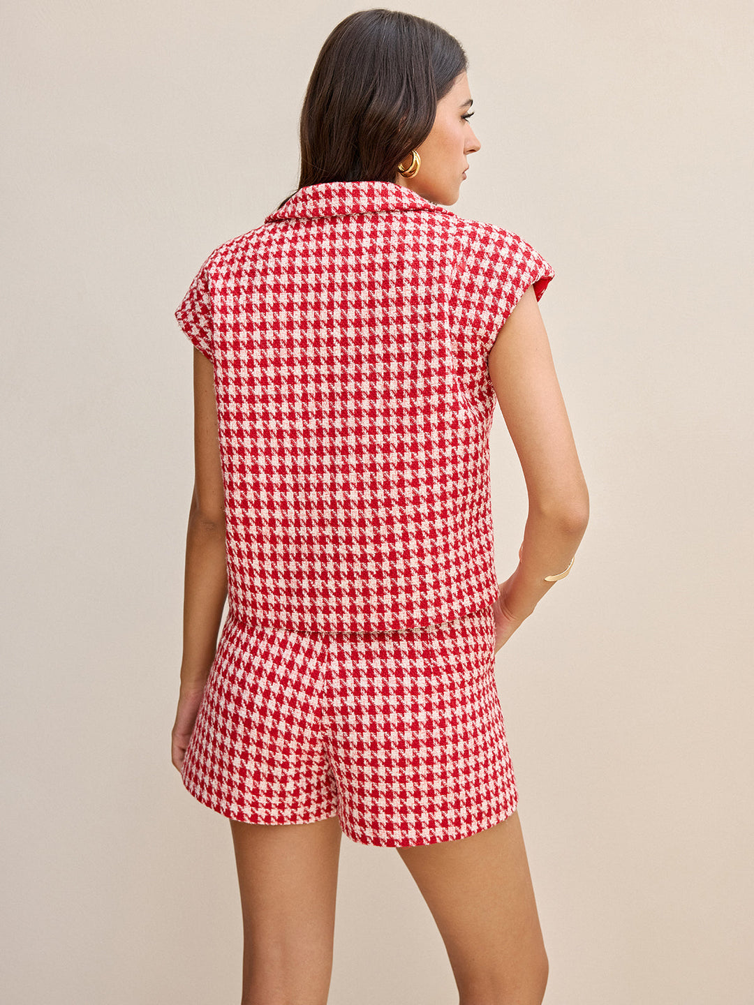 Back view of red houndstooth tweed vest and shorts set with collar detail
