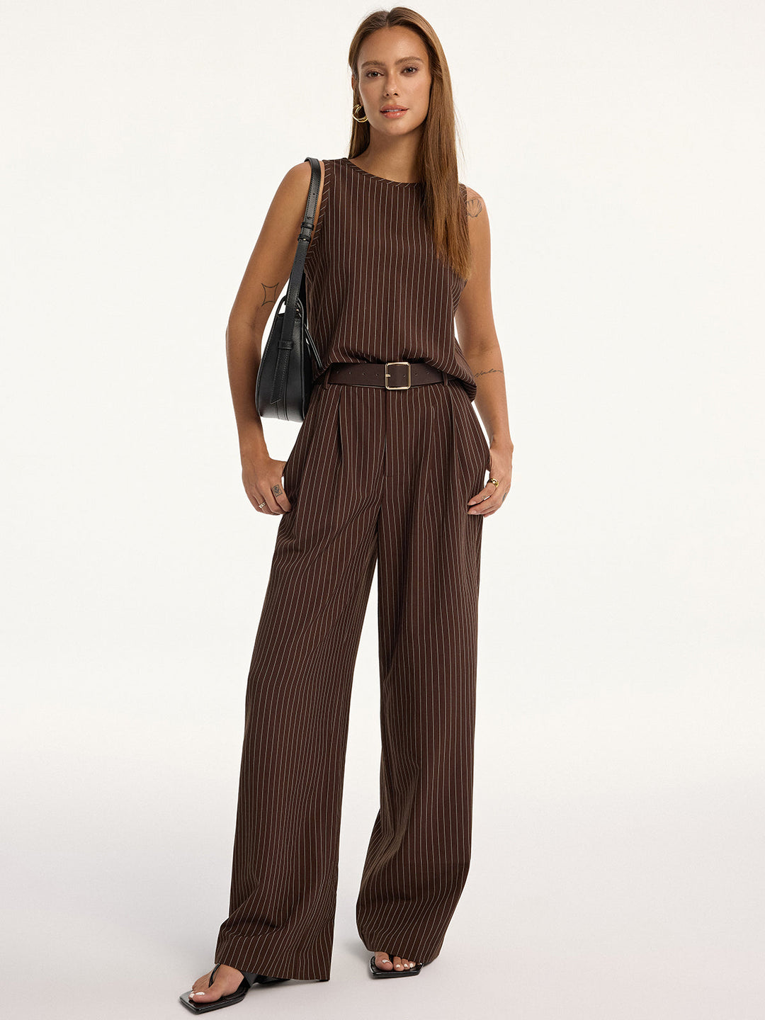 Pinstripe Sleeveless Top and Pants Set with Belt - women's two-piece trouser set, front view