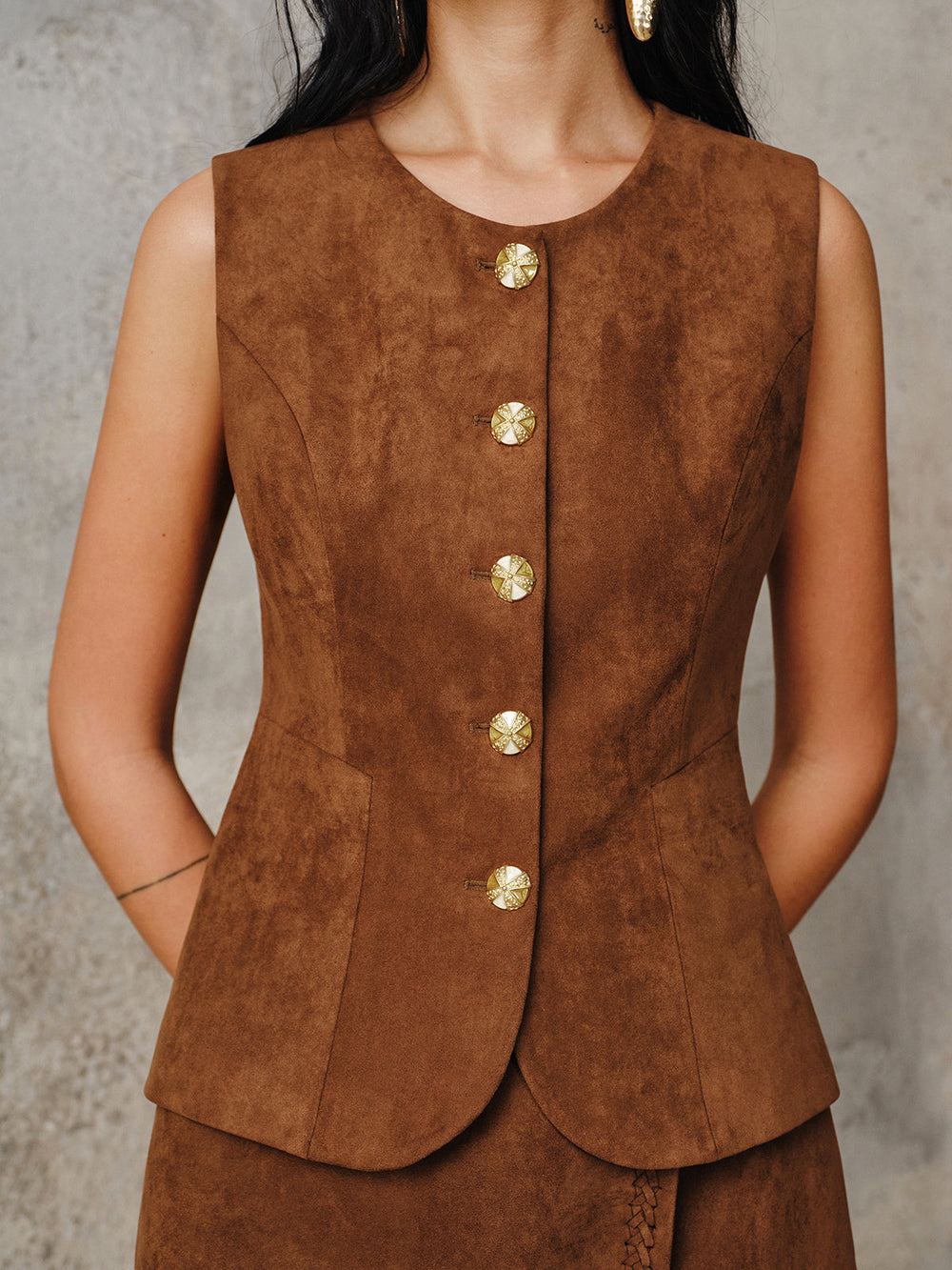 Suede Effect Metal Button Vest — women's vests, back view