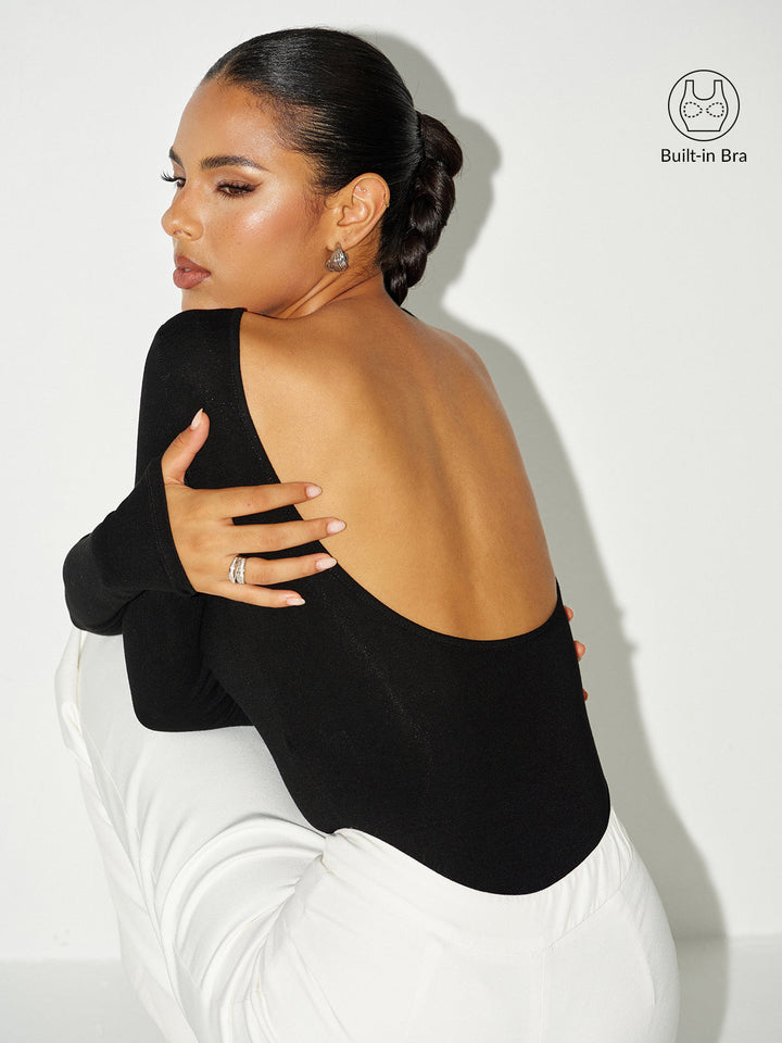 Bra-Free Long Sleeve Backless Bodysuit - women's bodysuit, front view