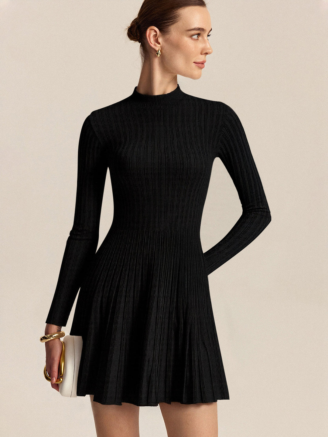 Mock Neck Flared Sweater Dress — women's sweater dresses, front view